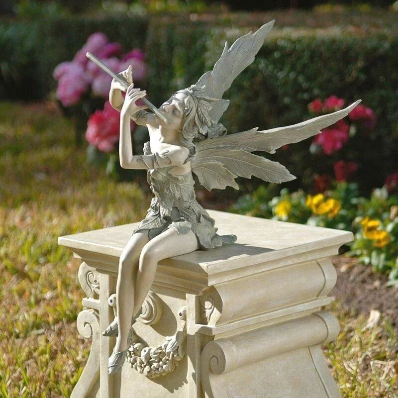 Flute Fairy Resin Garden Statue – Angel Sculpture Decor
