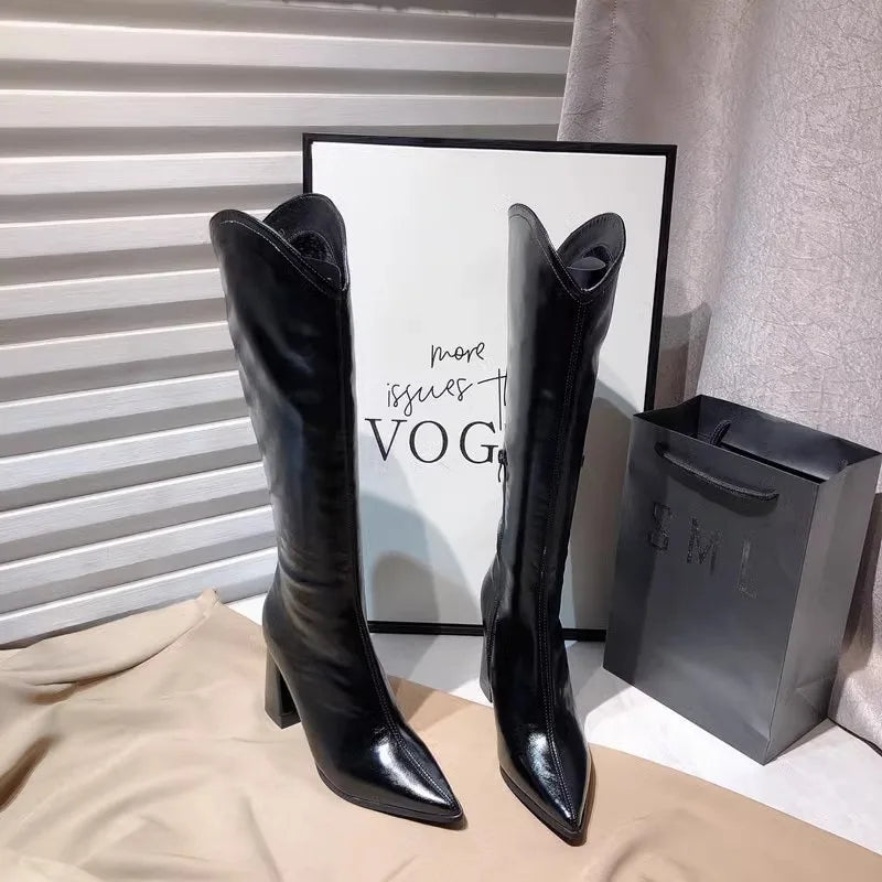 Women's Pointed Toe Knee-High Boots – Chunky Heel & Zip