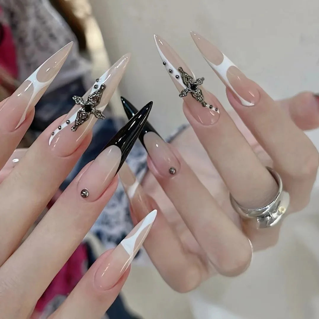 Gothic Punk Press On Nails Dark Blue Silver | 10pcs Set