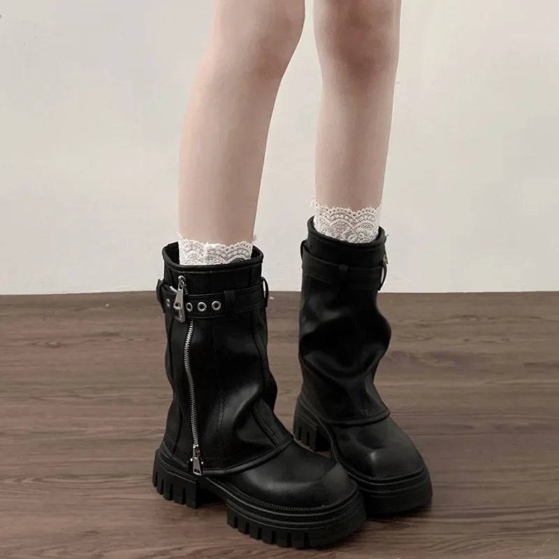 Women's Winter Platform Biker Boots – Belt Buckle Mid-Calf