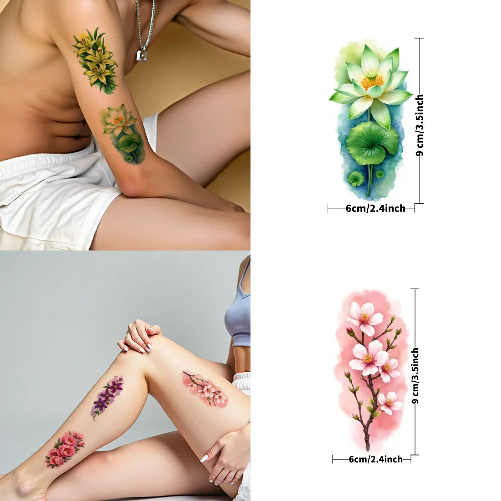 9pc Temporary Tattoos – Lotus, Green Leaves & Pink Blossoms