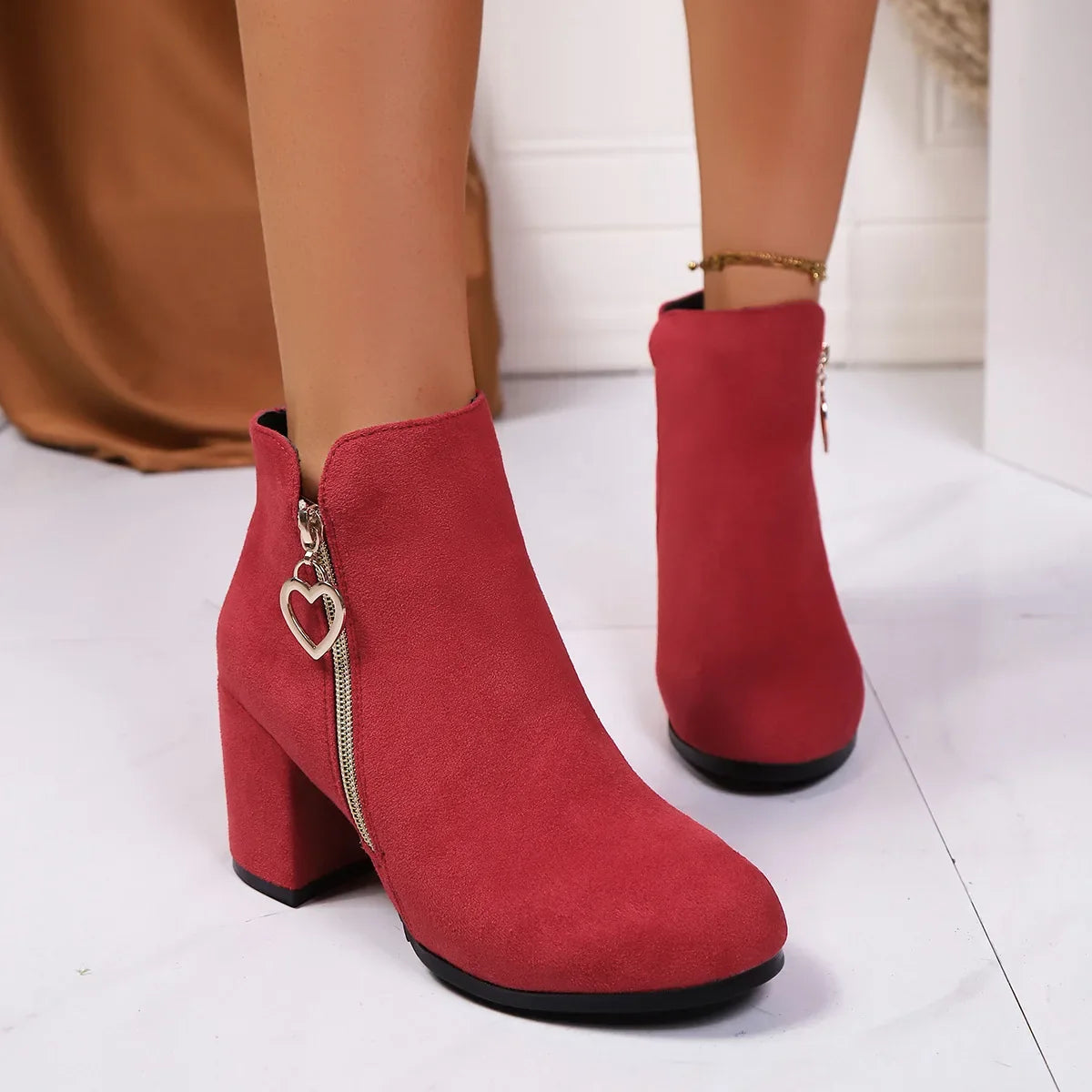Women's Retro Block Heel Ankle Boots – Suede Zip Style
