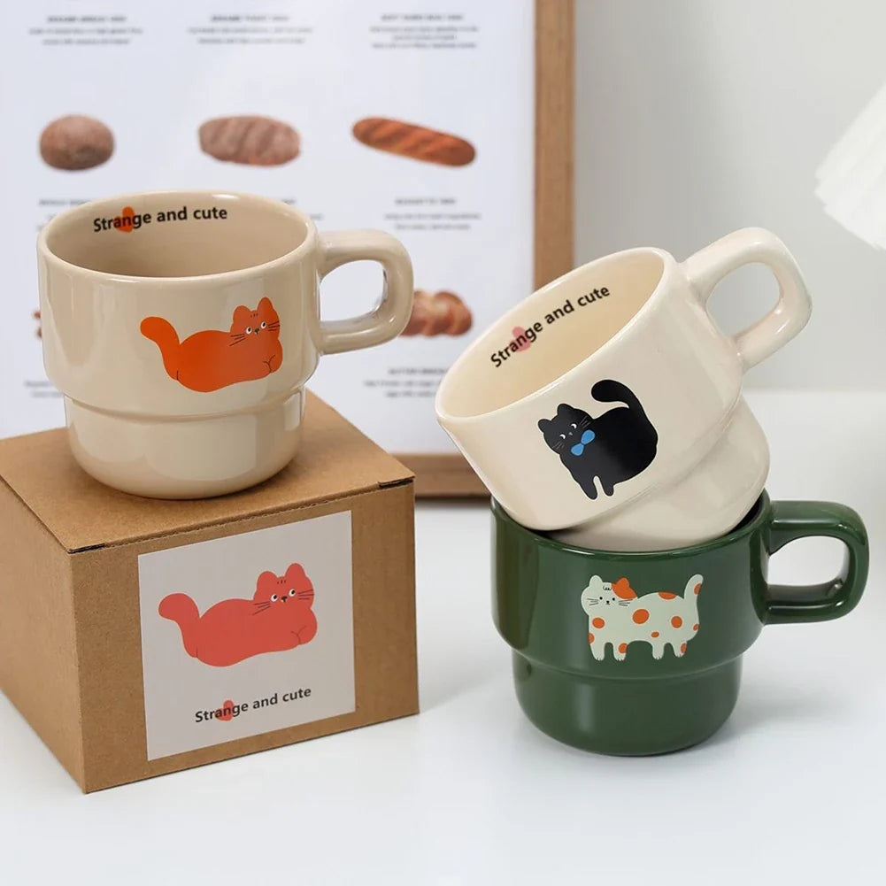 Japanese Stackable Cute Cat Ceramic Coffee Mug | Cartoon Cup