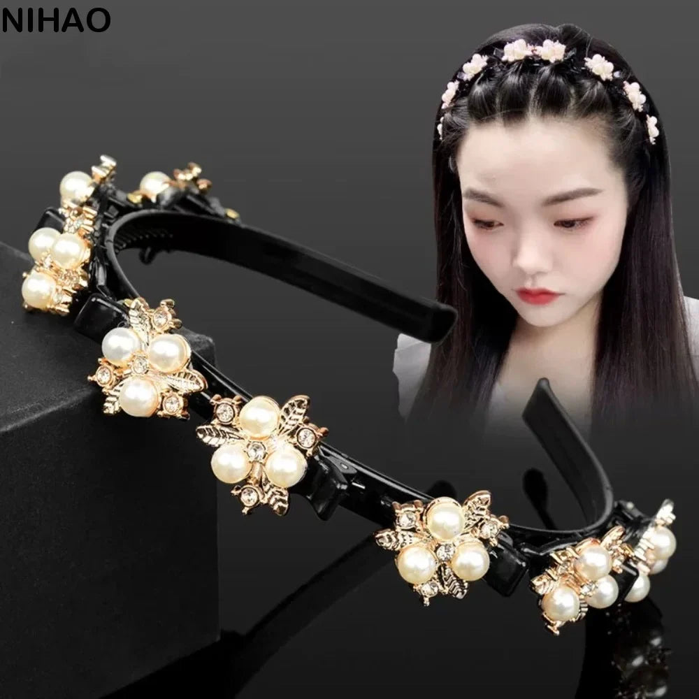 Rhinestone Pearl Flower Hair Braider Toothed Headband | Zircon