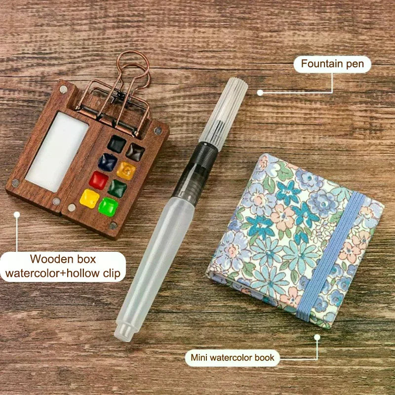 Mini Walnut Wood Watercolor Palette Portable Paint Box Clip Travel