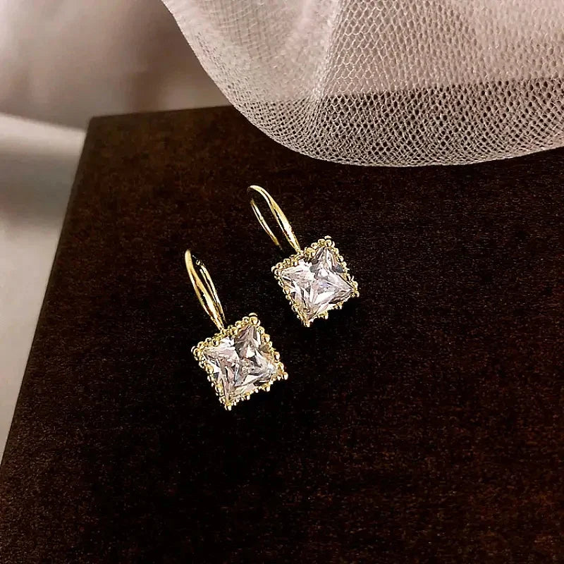 Huitan Gold Zirconia Drop Earrings – Crystal Pendant Women