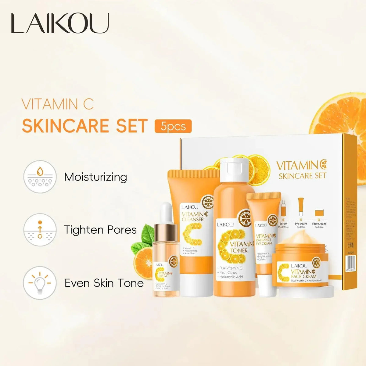 LAIKOU Vitamin C 5-Piece Skincare Set – Serum, Cream & Toner