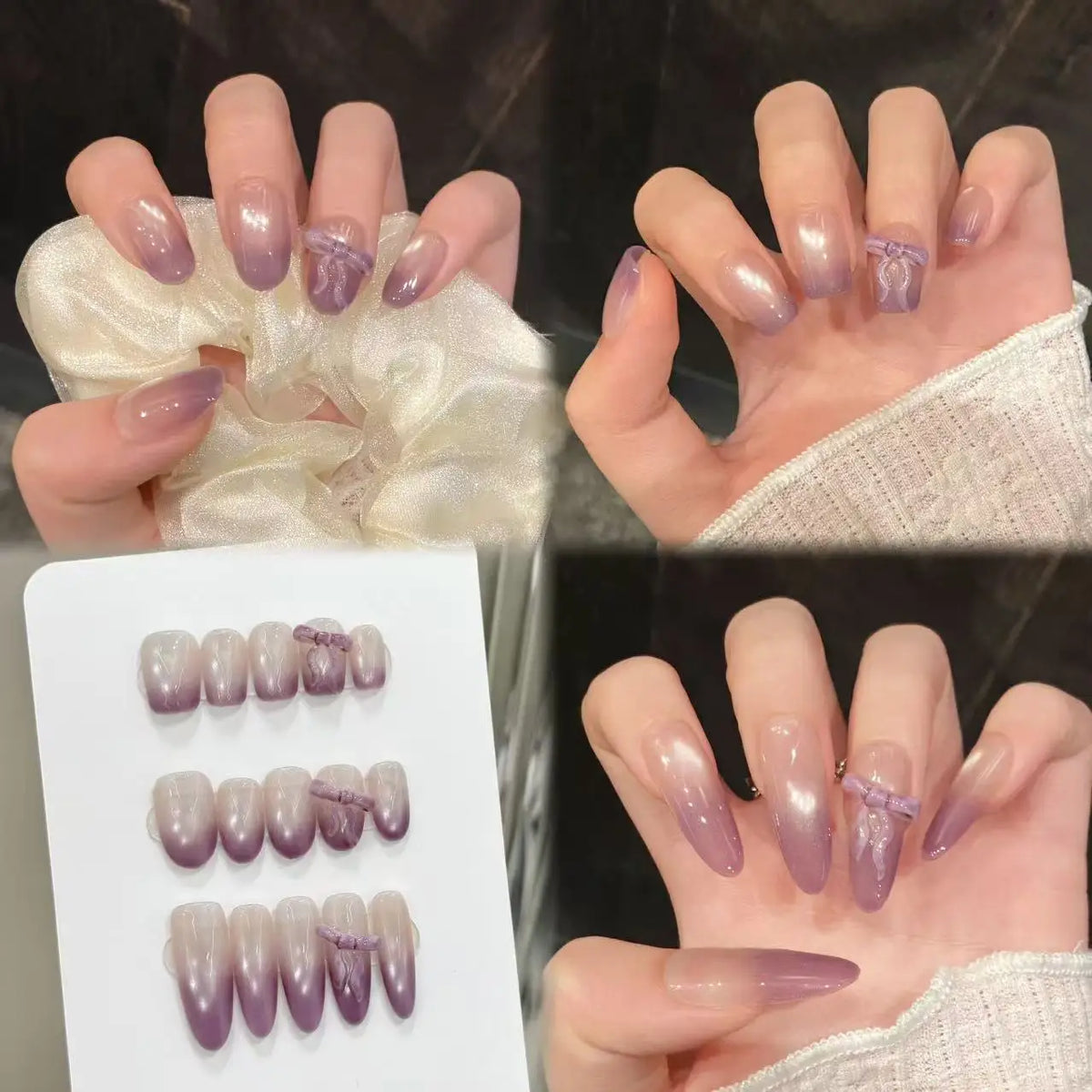 Handmade Purples French Press Nails Sweet Korean Bow Fake Full Cover