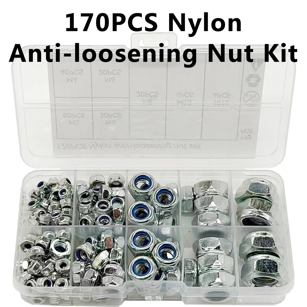 170-Piece Hex Nylon Insert Lock Nut Kit M3 M4 M5 M6 M8 M10 M12