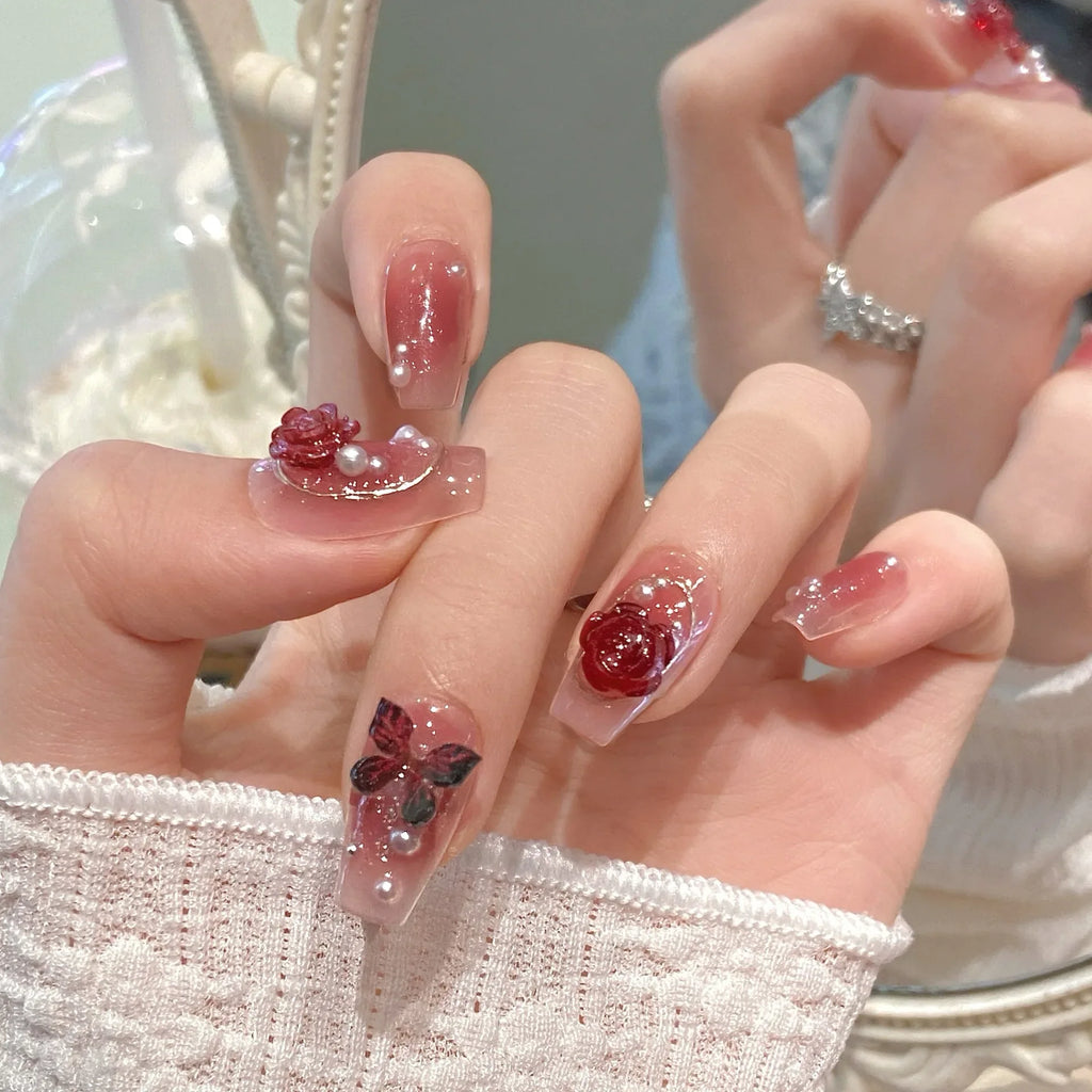 3D Butterfly Pearl Rose Press On Nails | Korean False Nails