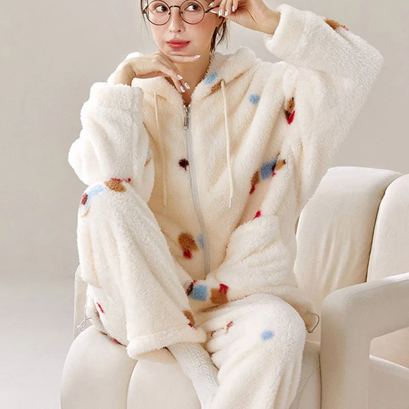 Women's Hooded Cartoon Pajama Set – Warm Fleece 2-Piece Homewear