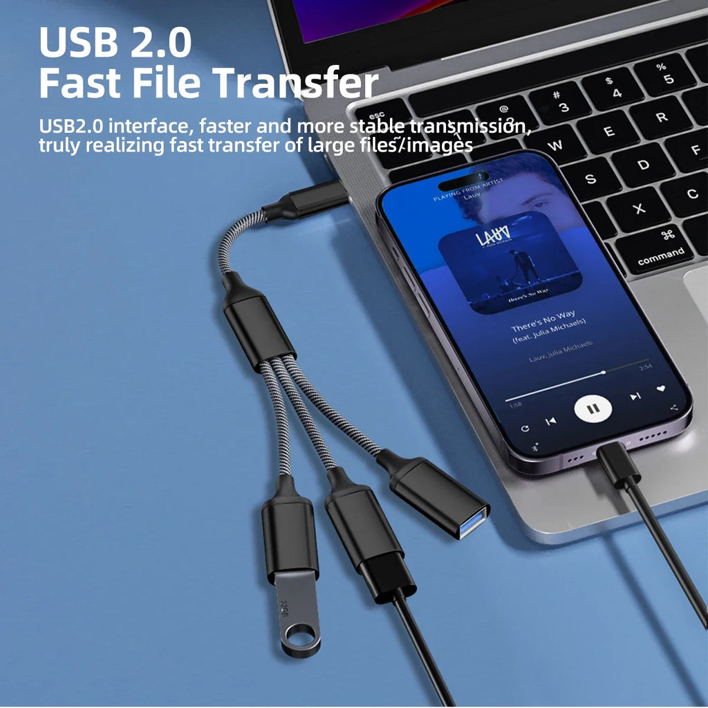 3-in-1 USB-A & Type-C Splitter Cable Hub Adapter 28cm