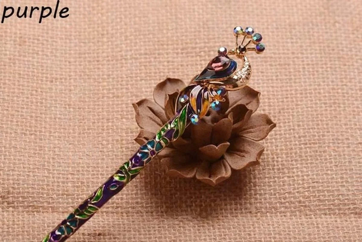 Retro Peacock Enamel Crystal Hair Stick Pin – Chinese Style