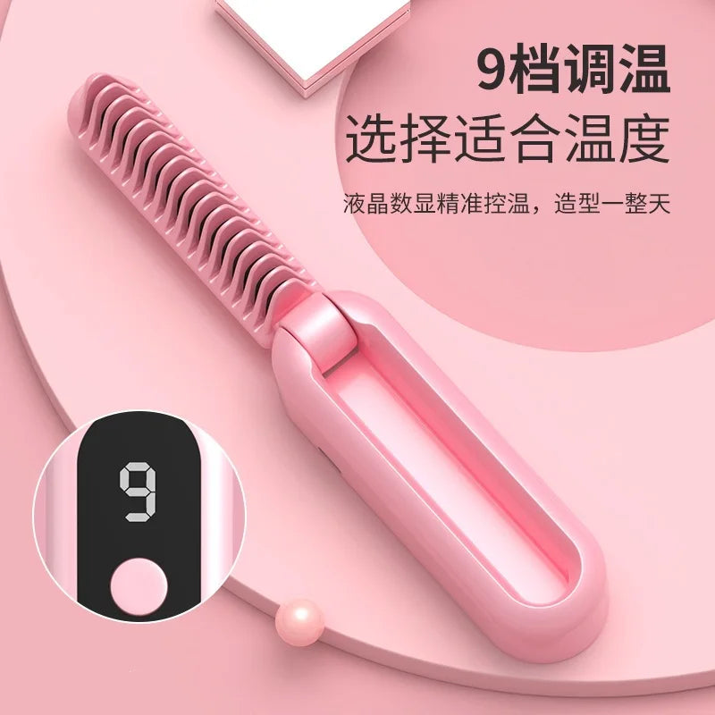 Cordless Folding Hair Straightener & Curler Comb | Wireless