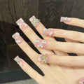 Handmade Press-On Nails Short Duck Tip Pink Floral Rhinestone 3D