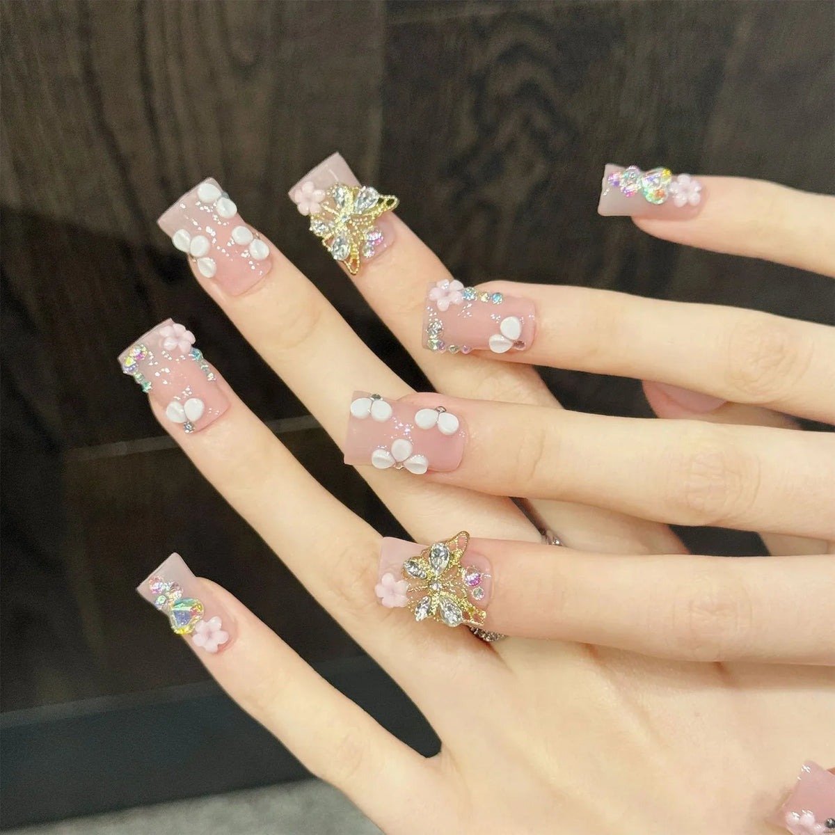 Handmade Press-On Nails Short Duck Tip Pink Floral Rhinestone 3D