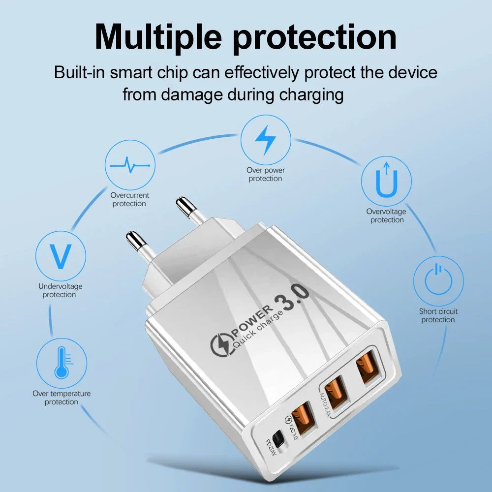 48W USB-C PD Fast Charger QC 3.0 | 4-Port EU/US Wall Adapter