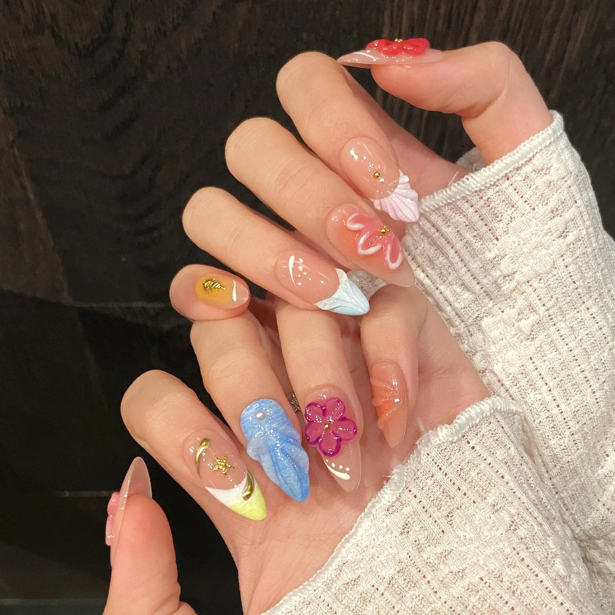 Handmade Almond Press-On Nails – Devil's Flower Design 10pcs