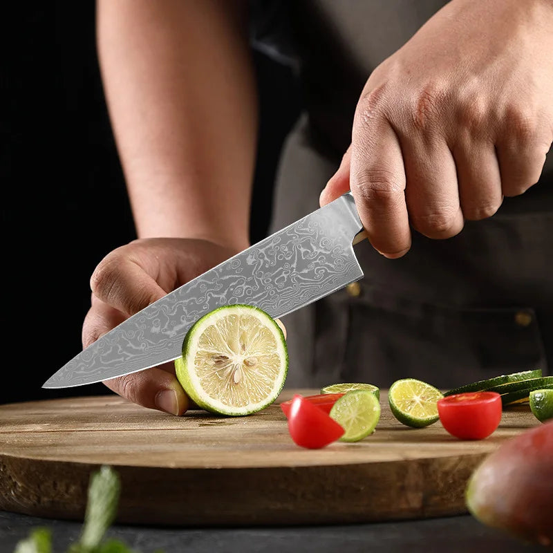 Damascus Steel Chef Knife – Sharp 14.5cm Blade, Wood Handle