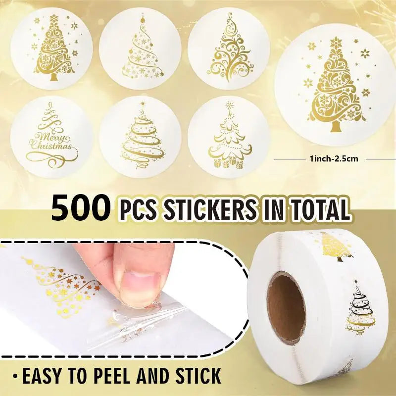 Golden Foil Christmas Stickers Transparent Xmas Tree Sealing Labels