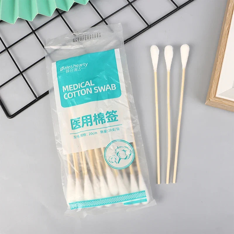 20pcs Sterile Large Head Cotton Swabs – 20cm Wood Stick Buds
