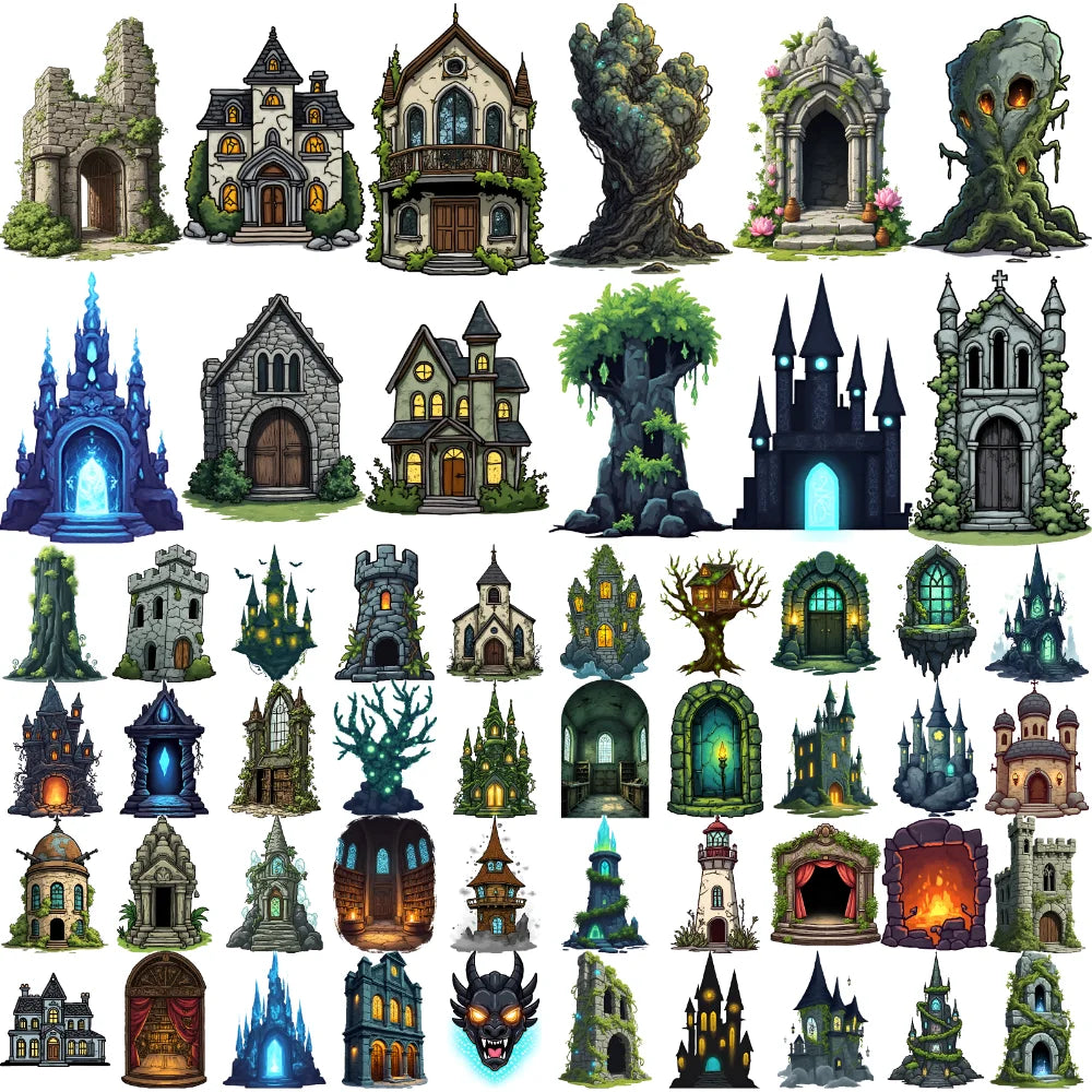 54pcs Fantasy Castle & Tree Temporary Tattoos – Waterproof Stickers
