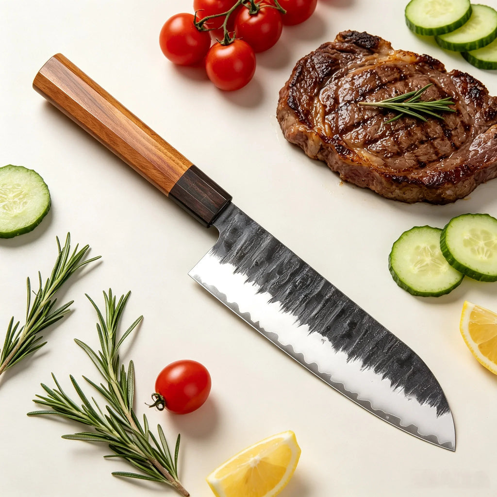 Hammer Forged Santoku Knife – Stainless Steel & Wood Handle