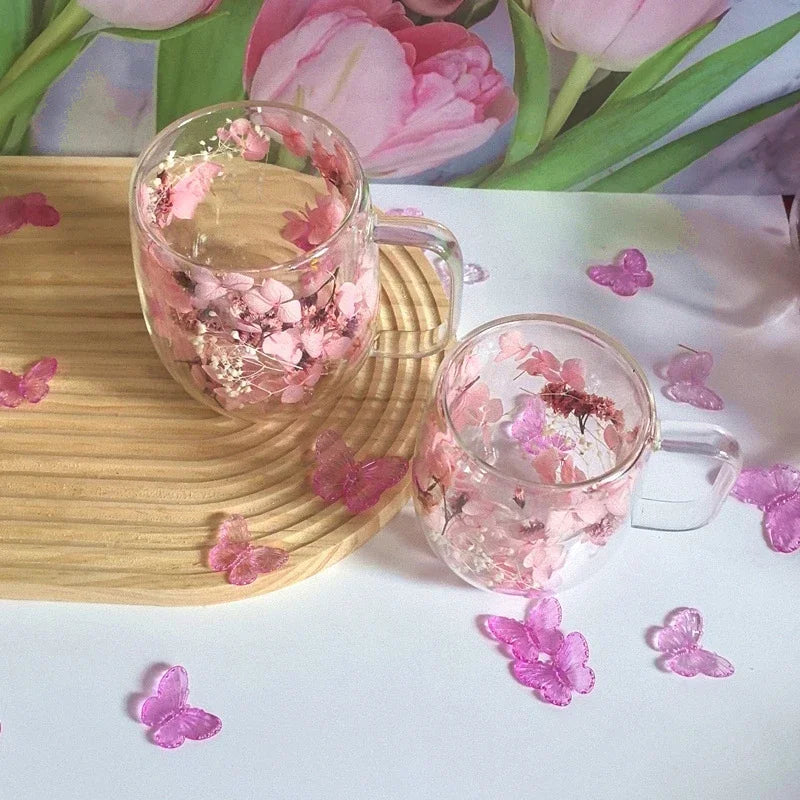 Double-Walled Glass Coffee Mug with Real Flower Design
