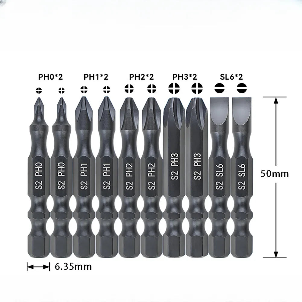 10-Pack 50mm Magnetic Screwdriver Bits – Alloy Steel 1/4" Hex