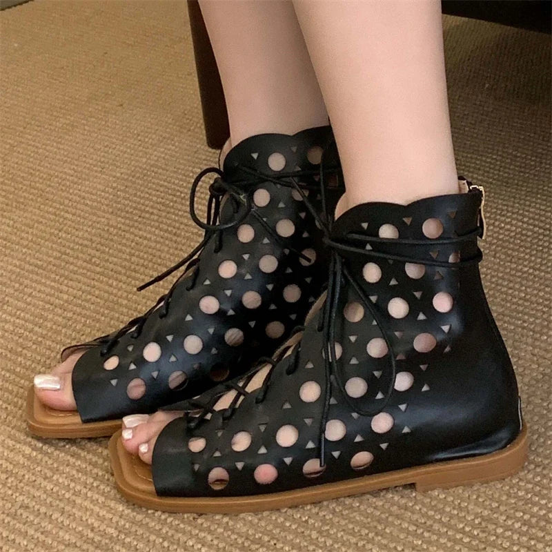 Women's Hollow Out Flat Gladiator Sandal Boots | Peep Toe Zip