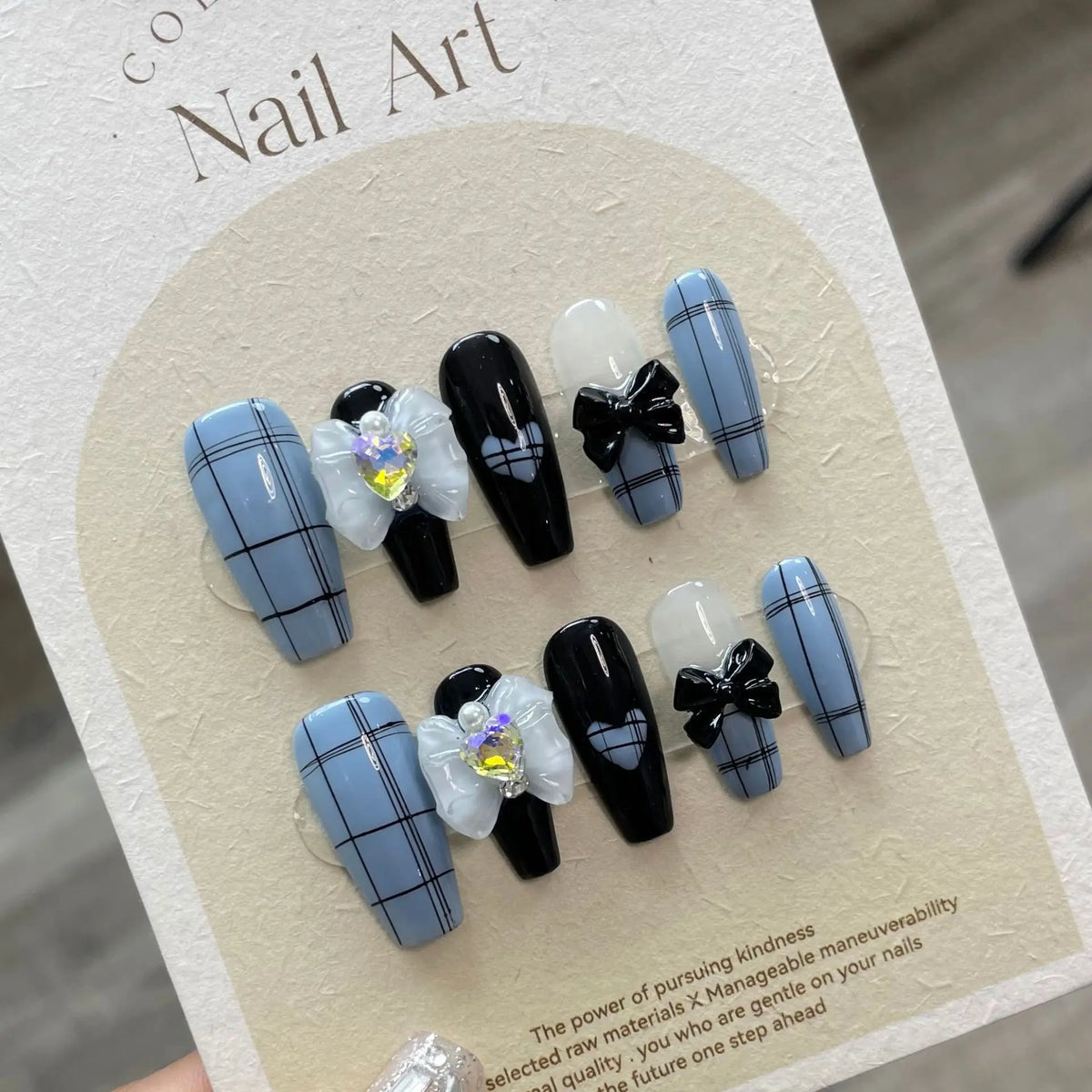 Korean Press-On Nails Black Bowknot Grid Design – 10pc Set