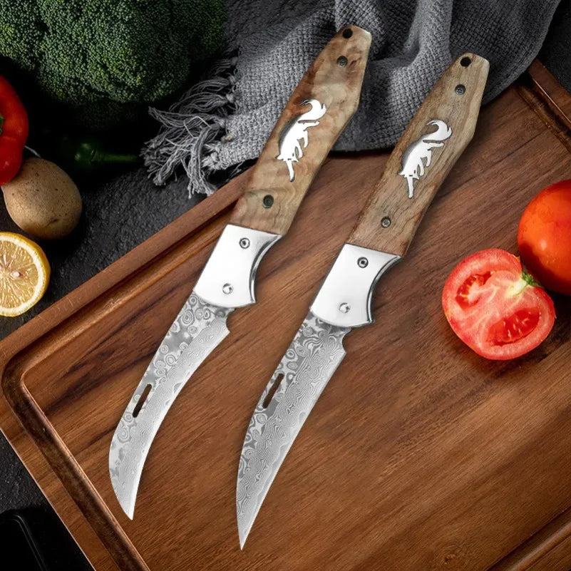 Damascus Steel Folding Knife – Sharp Wood Handle Kitchen Knife