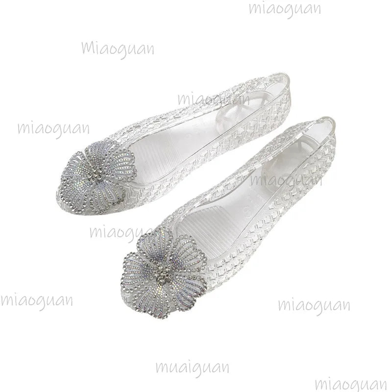 Crystal Jelly Sandals – Diamond Flower Pointed Toe Flats for Women
