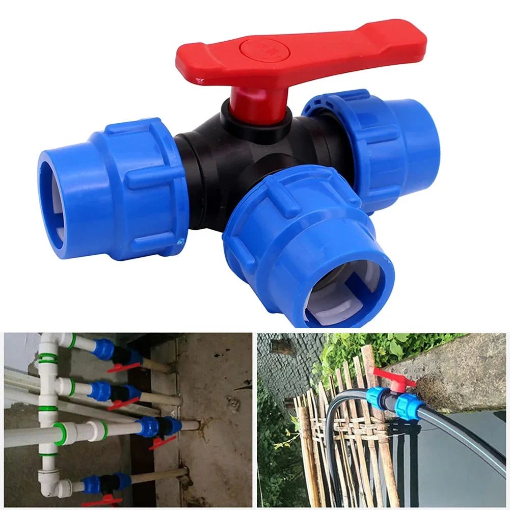 PE Pipe 3-Way Ball Valve 20 25 32 40 Plastic Garden Household