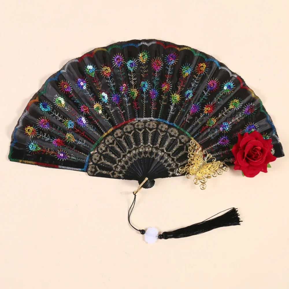 Sequin Embroidered Rose Lace Folding Fan Tassel Vintage European