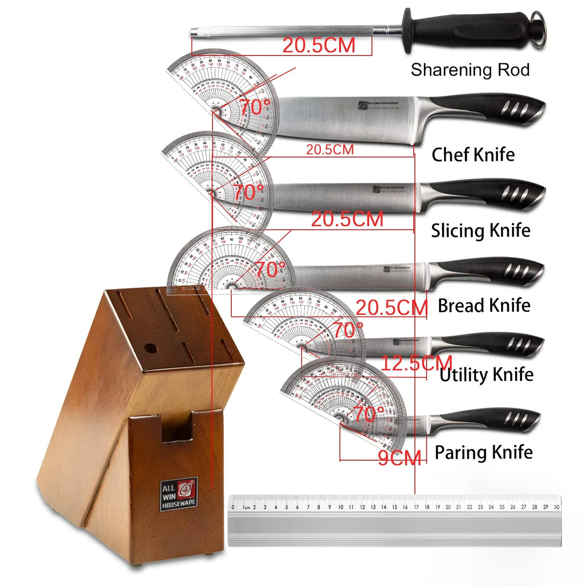 8-Piece German Steel Kitchen Knife Set & Rubber Wood Block