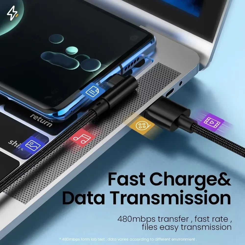 66W USB-A to USB-C Fast Charging Cable | 90° Nylon Braided