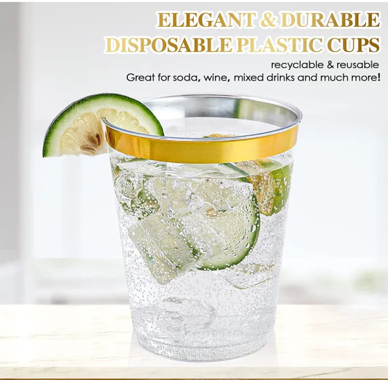 Gold Rimmed Plastic Cups Clear Tumblers Fancy Disposable Hard Rim