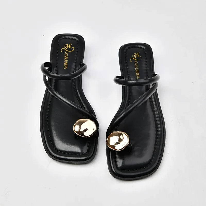 Women's Retro Luxury Sandals – Metal Detail Square Heel Slippers