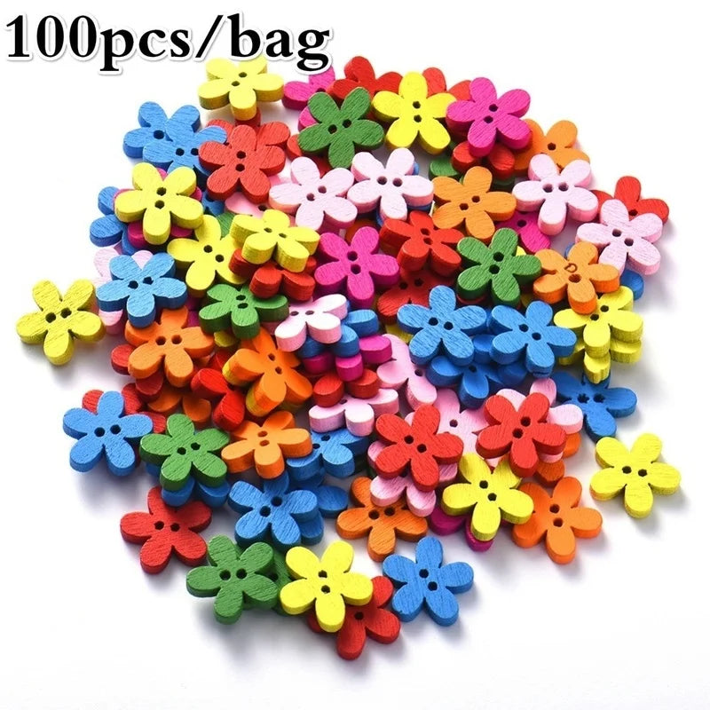 100 Pcs Flower Wooden Buttons 14x15mm – Mixed Color 2-Hole