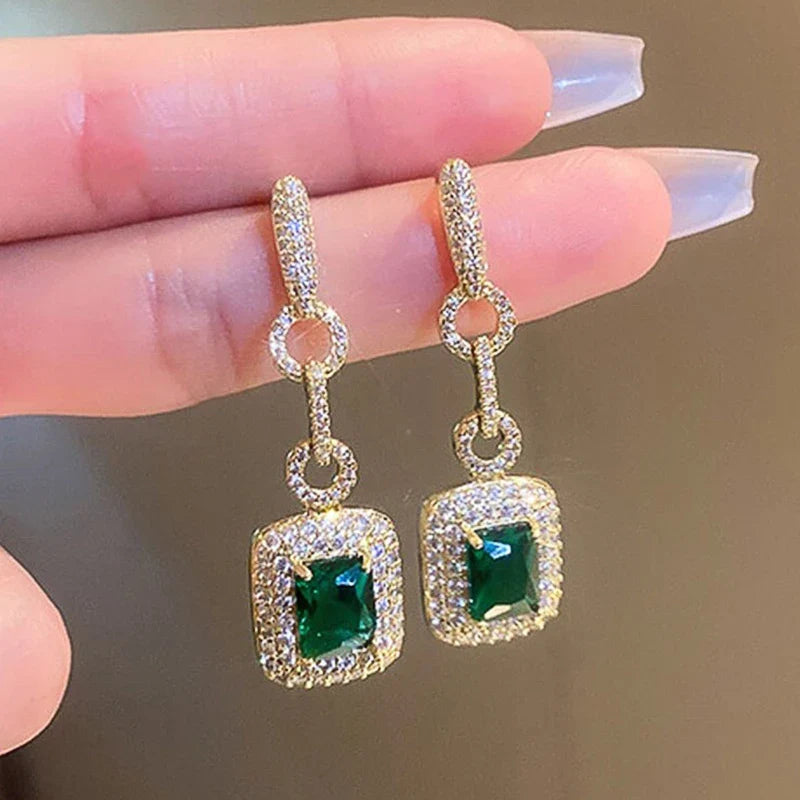 Huitan Gold Drop Earrings Green Cubic Zirconia | Women's