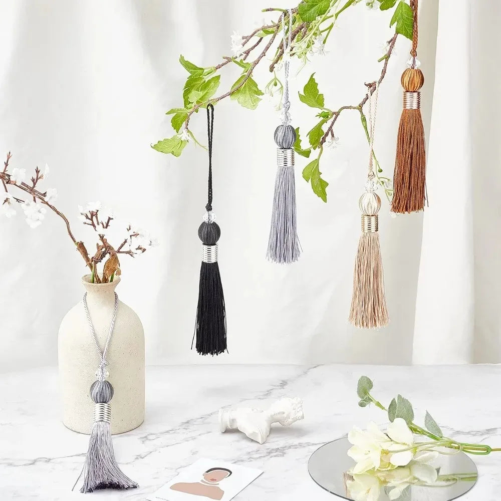 8 PCS Handmade Beaded Polyester Tassel Pendants – 9" Black