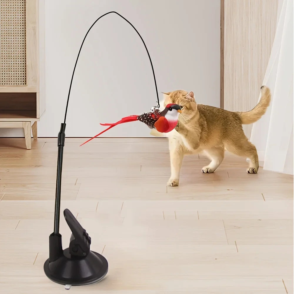Cat Feather Wand Toy – Steel Wire Long Pole Kitten Teaser
