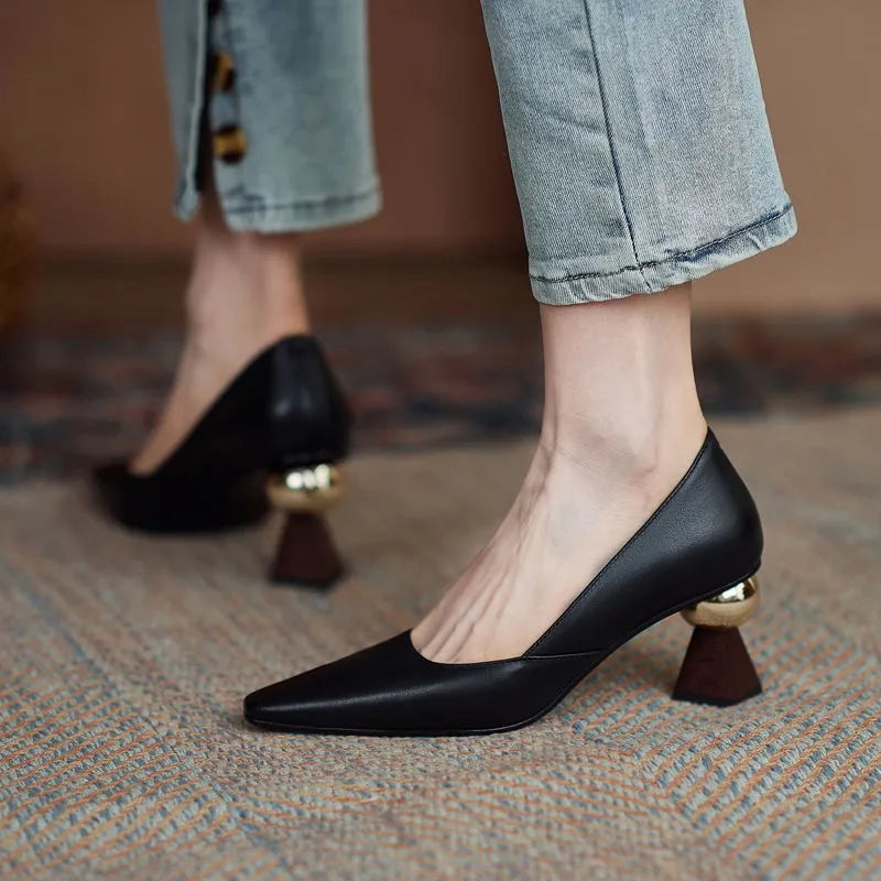 Women's Gold Ball High Heel Pumps | Pointed Toe Slip-On Shoes