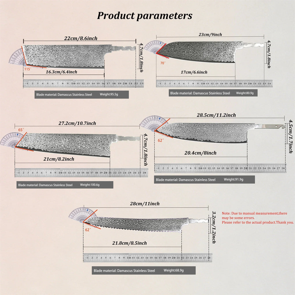 Damascus Steel Chef Knife Blade Set – No Handle, 1–5 Pcs
