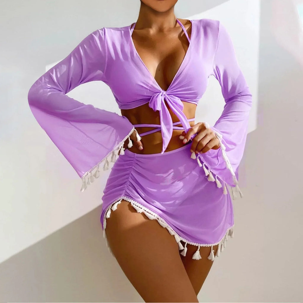 Women's 4-Piece High Waist Bikini Set with Cover-Up Skirt