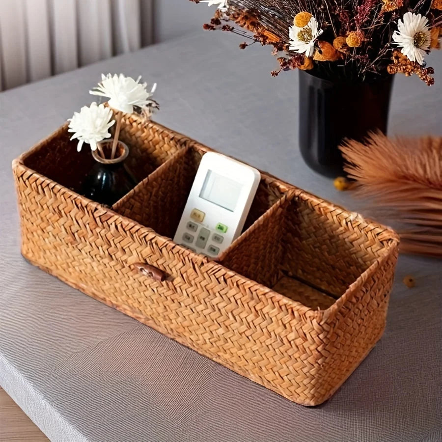 Partitioned Storage Box Handcrafted Woven Basket Rectangular Vintage