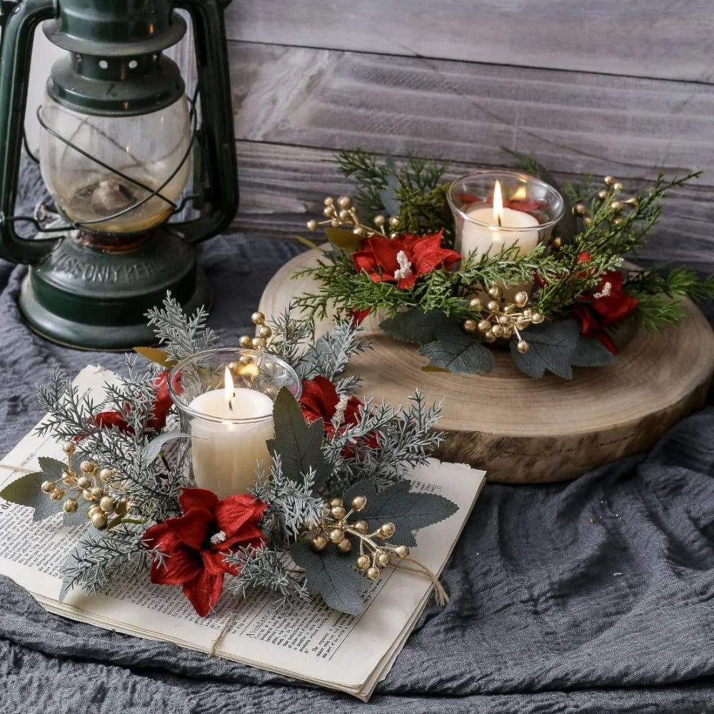 Christmas Candlestick Wreath Red Fruit Artificial Flowers Candle Ring