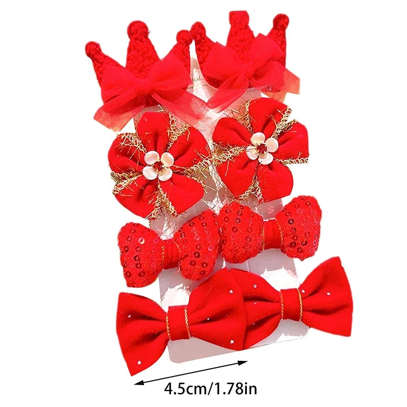8-Piece Girls Red Bow Hair Clips – Handmade Ribbon Barrettes