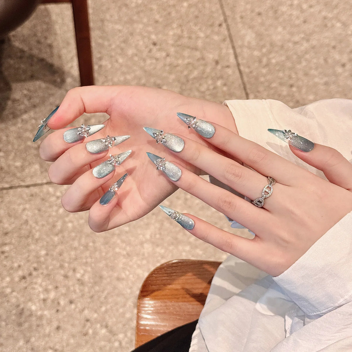 Handmade Glitter Blue Cat Eye Press On Nails – Gold Crystal